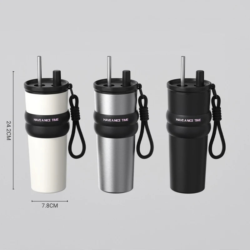 Stainless Steel Vacuum Insulated Bottle with Straw, Leak-proof Thermos for Hot & Cold, Portable Water Bottle for Travel & Sports