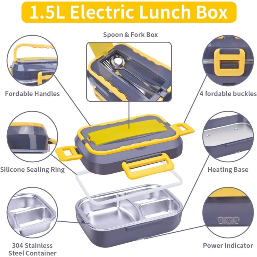 220V Electric Lunch Box Food Heater Car And Home Portable Heating Lunch Box, natural Steel Container pack And Poson