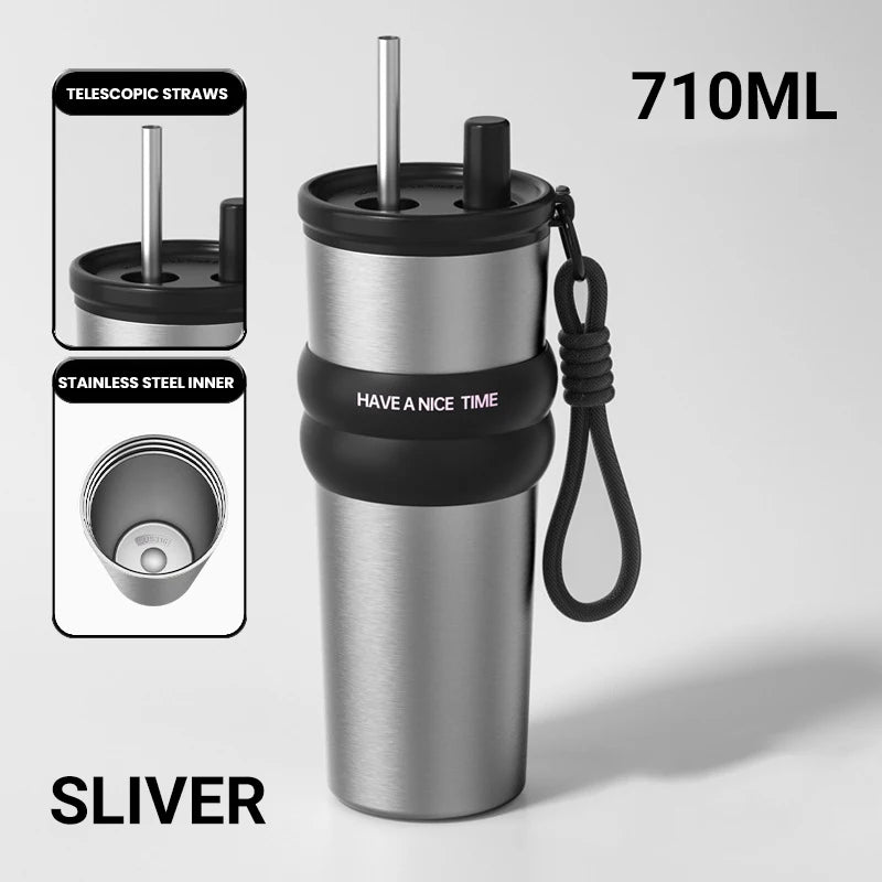 Stainless Steel Vacuum Insulated Bottle with Straw, Leak-proof Thermos for Hot & Cold, Portable Water Bottle for Travel & Sports