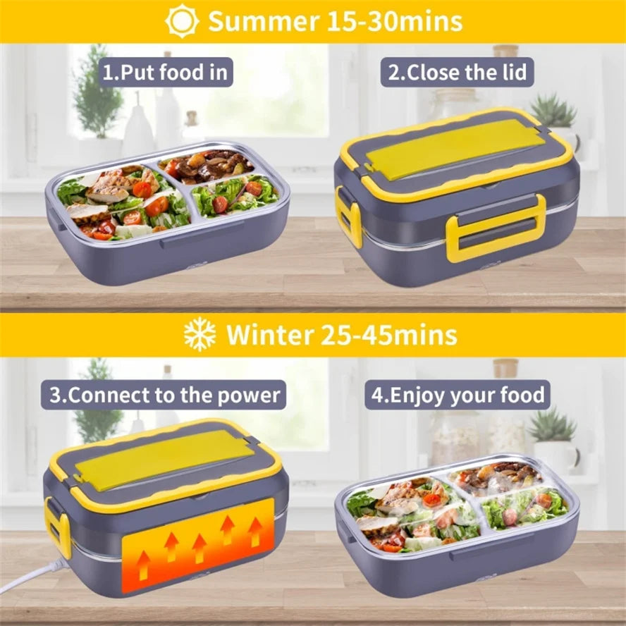 220V Electric Lunch Box Food Heater Car And Home Portable Heating Lunch Box, natural Steel Container pack And Poson