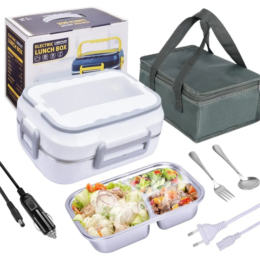 220V Electric Lunch Box Food Heater Car And Home Portable Heating Lunch Box, natural Steel Container pack And Poson