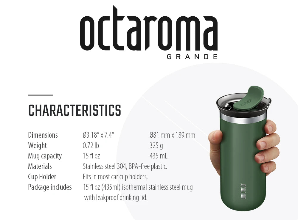 WACACO Octaroma Vacuum Insulated Coffee Mug, Double-wall Stainless Steel Travel Tumbler, 6/10/15 fl oz, thermo, Valentines Gift