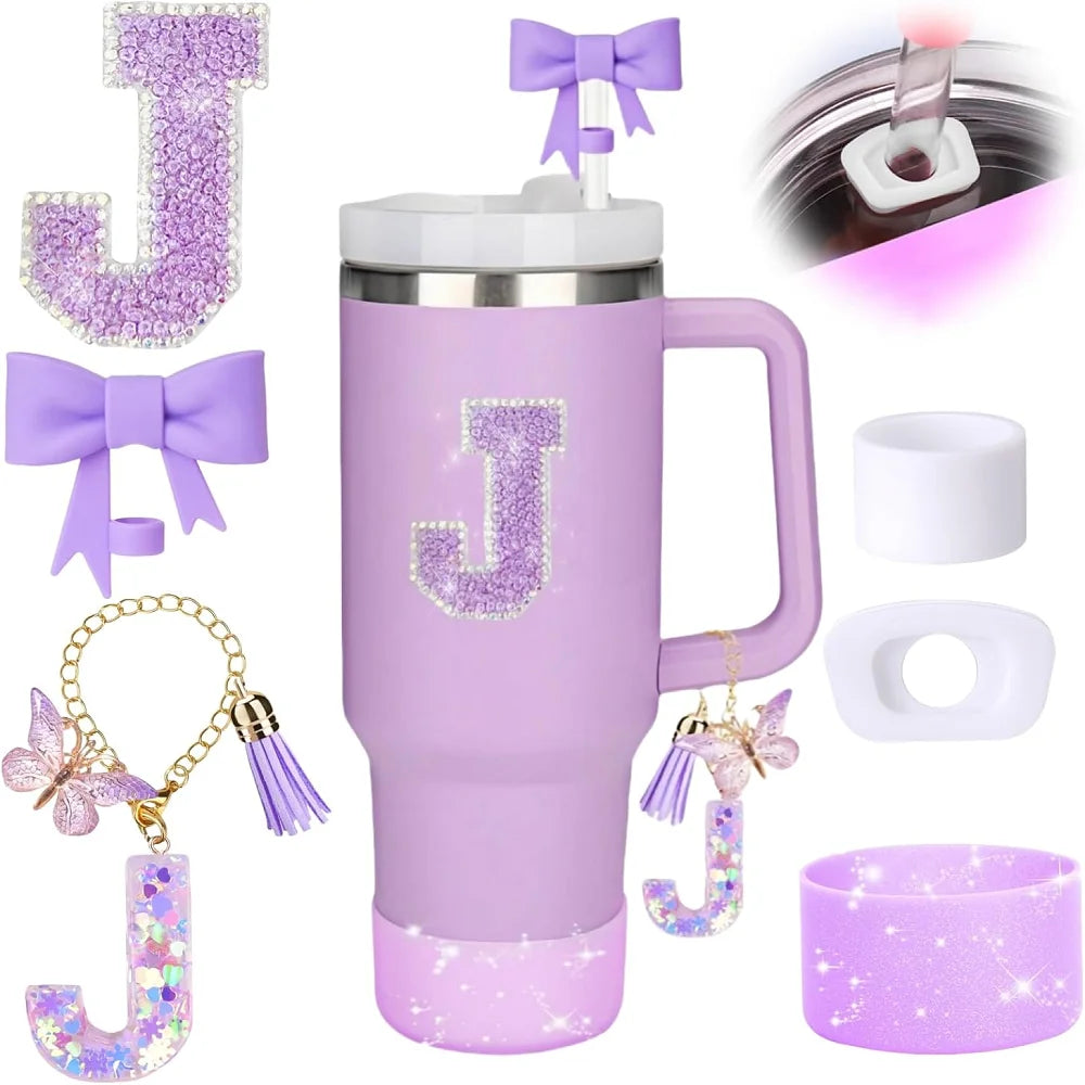 6pcs Accessories Set for Stanely 30oz 40oz Tumbler Including Glitter Initial Sticker 10mm Straw Topper Cover, Resin Letter Charm