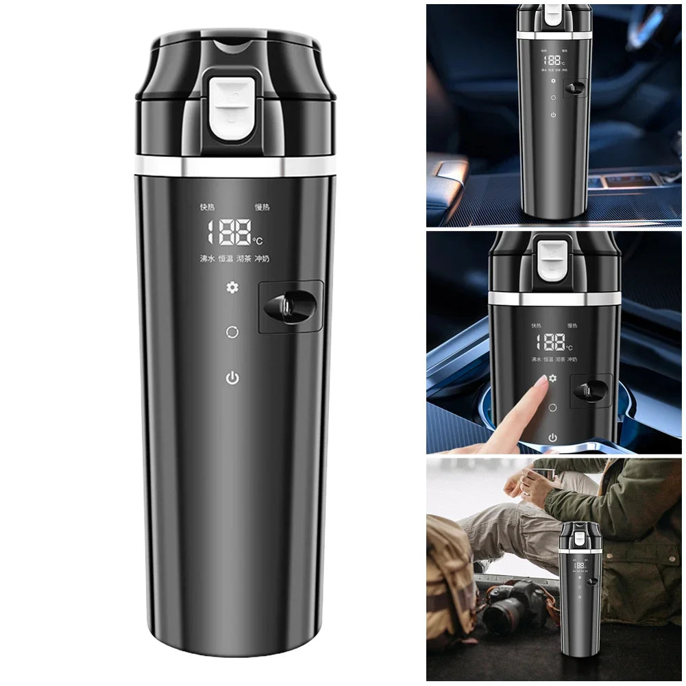 12V/24V Car Heating Cup Digital LCD Display Electric Kettle Stainless Steel Car Heated Smart Mug 500ML Coffee Milk Heated Kettle