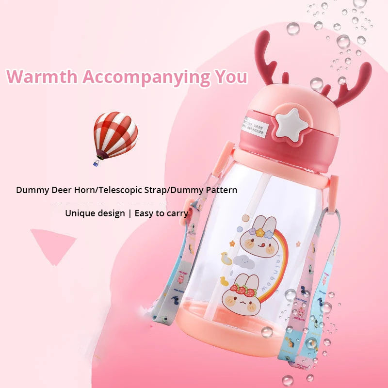 1pc 600ml Kids Water Sippy Cup Antler Creative Cartoon Baby Cups with Straws Leakproof Water Bottles Outdoor Childrens Cup - Gabriel