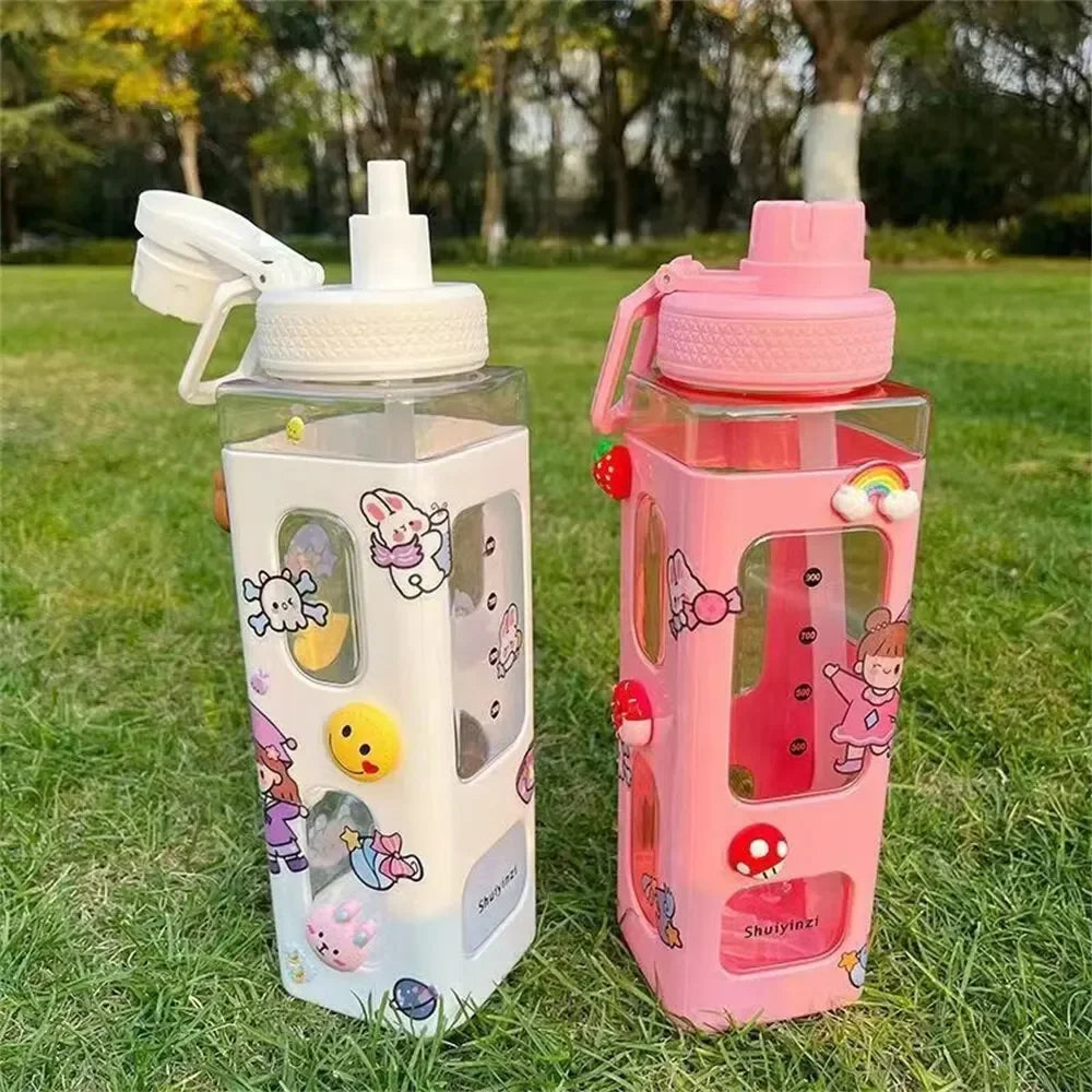 High Quality Water Bottle with Straw 3D Cute Bear Sticker Bpa Free Plastic Square Sippy Cup Portable Drinkware 700ml