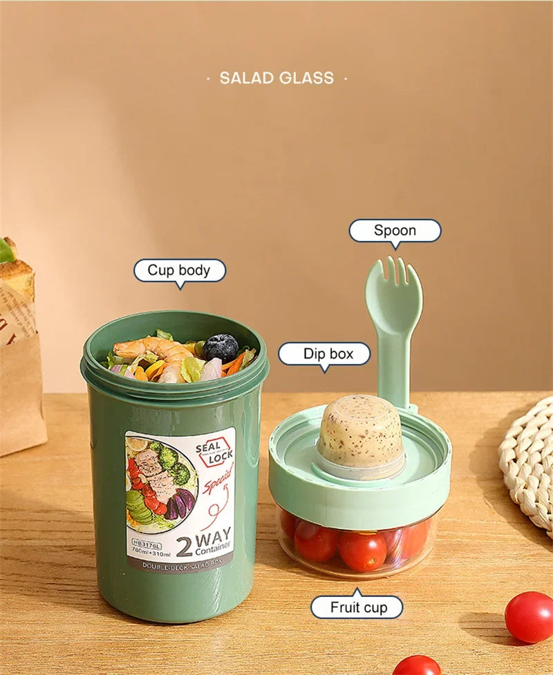 790ml/990ml Salad Oatmeal Cup Breakfast Double Cup Cereal Nut Yogurt Container Set With Dressing Holder Fork Meal Preparation