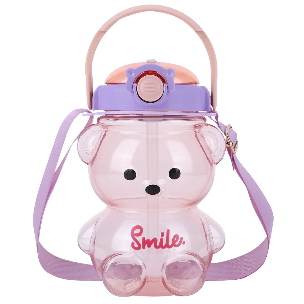 1000/1400ml Bear Water Bottle with Shoulder Strap Straw Sports Water Jug Leak-Proof Travel Straw Cup for Boys Girls Daily Use