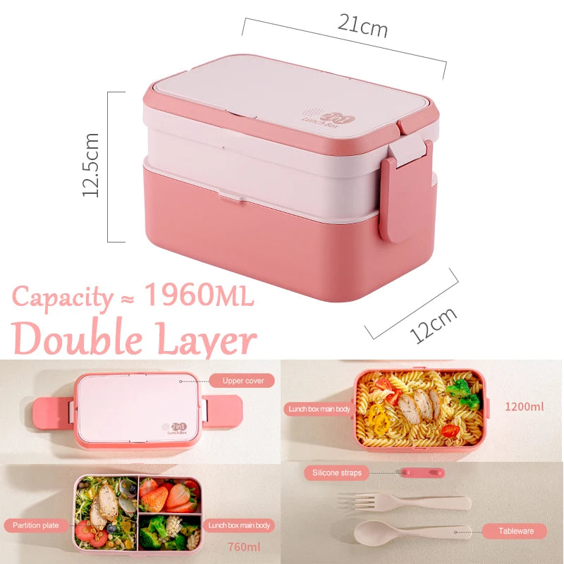 Portable Lunch Box Bamboo Fiber 3in1 Double Layer Bento BOX Microwave Spoon Fork Women Girl School Kid Picnic Lunch Box