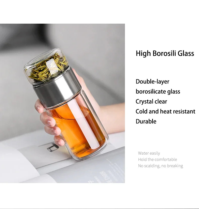 Borosilicate Glass Double Layer Tea Water Cup Double Layer Tea Water Bottle with Filter Infuser Tumbler Drinkware Set Drinkware