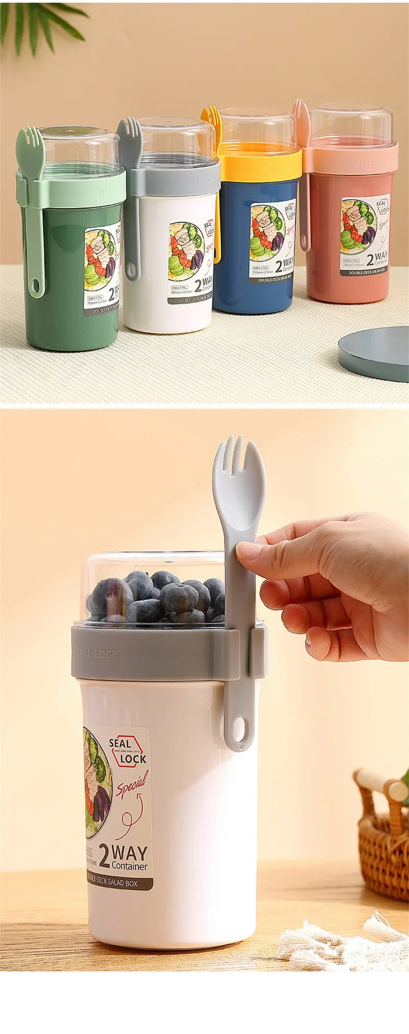 790ml/990ml Salad Oatmeal Cup Breakfast Double Cup Cereal Nut Yogurt Container Set With Dressing Holder Fork Meal Preparation