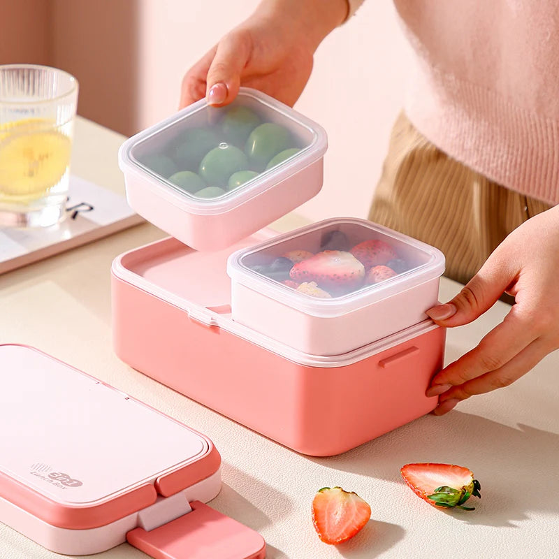 Tragbare Lunchbox aus Bambusfaser, 3-in-1, doppellagig, Bento-Box, mikrowellengeeignet, Löffel und Gabel, für Damen und Mädchen, Schulkinder, Picknick-Lunchbox