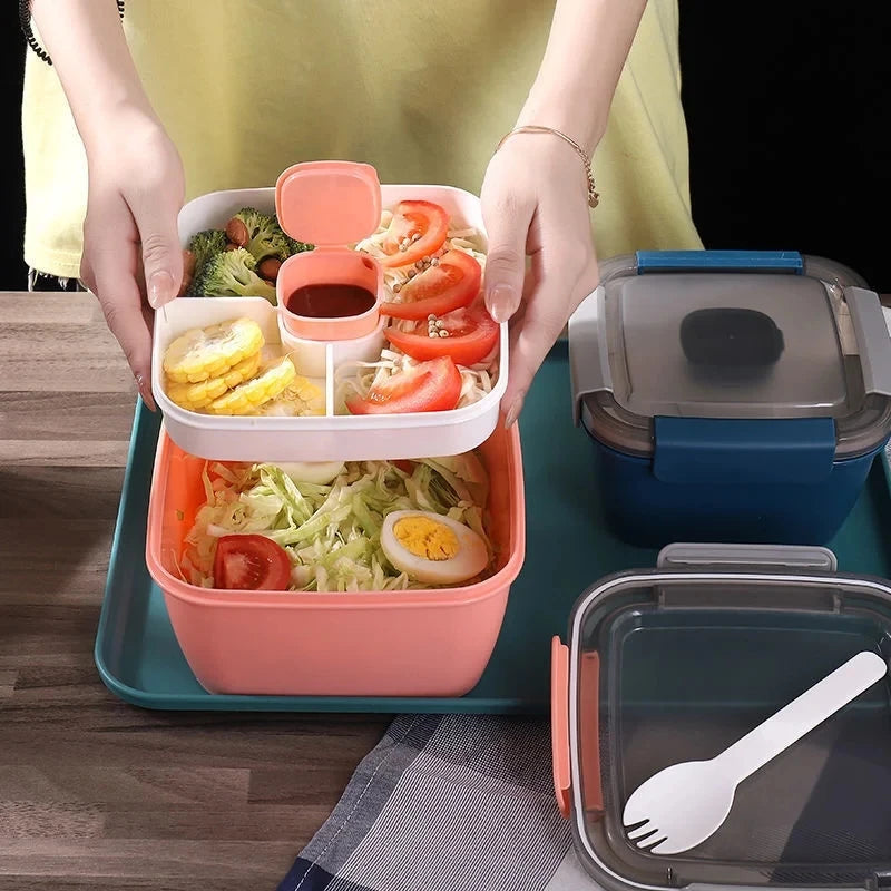 1100ml/1500ml Portable Lunch Box Container 2 Layer Grid Salad Bowl Bento Boxes Salad Bowls Lunch Box Lunch Container for Food