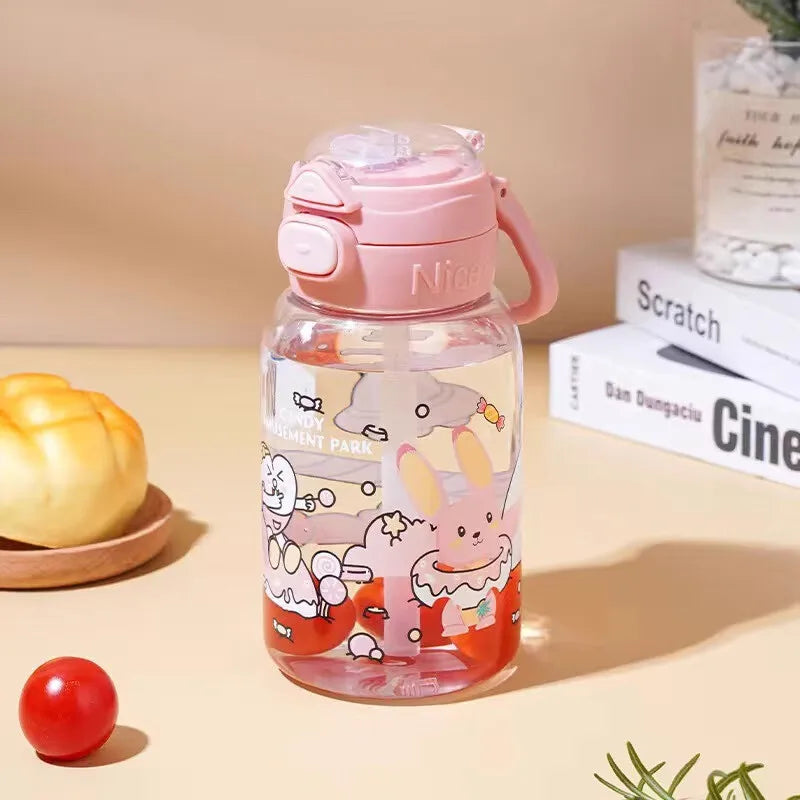 GIANXI Straw Cup For Kids Sealed Leakproof Cartoon Pattern Design Drinkware Portable Sports Plastic Water Bottle With Handle