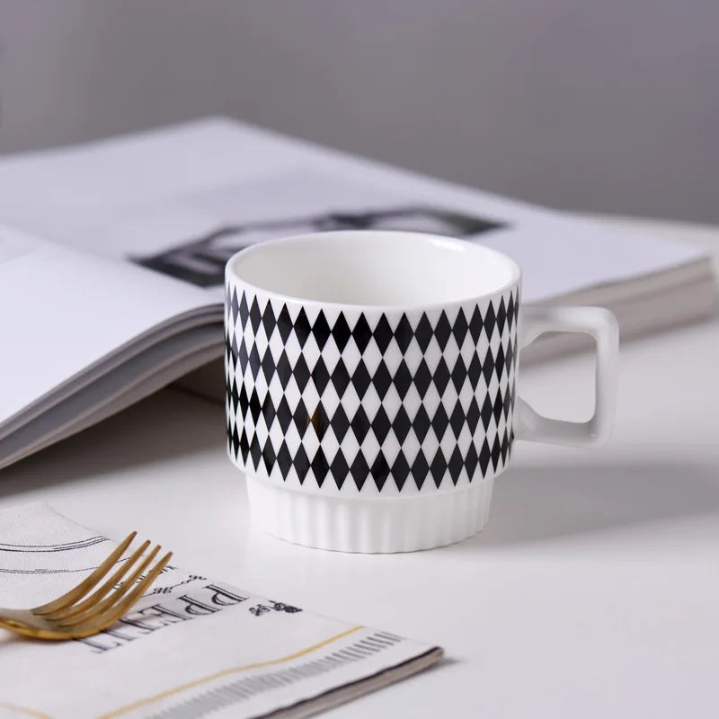 1PCS Nordic Simple Style Black And White Ceramic Mug Creative Polka Dot Striped Coffee Tea Cup Stackable Office Water Cup - Gabriel