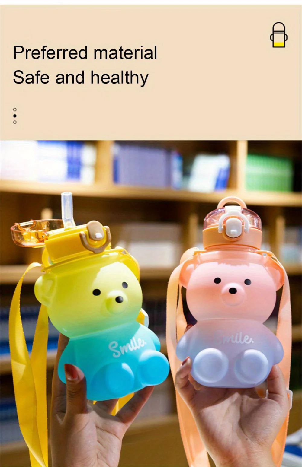 1pc Cute Bear Water Bottle BPA-Free Portable Kettle with Straw & Shoulder Strap Heat-Resistant Large-Capacity