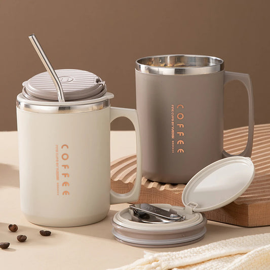 WORTHBUY 480ML Coffee Cups With Straw&Spoon 304 Stainless Steel Reusable Portable Leak-proof Coffee Milk Mug Drinking Cup