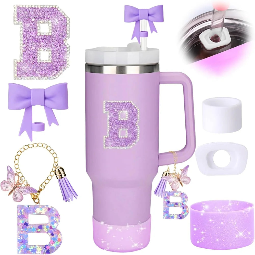 6pcs Accessories Set for Stanely 30oz 40oz Tumbler Including Glitter Initial Sticker 10mm Straw Topper Cover, Resin Letter Charm