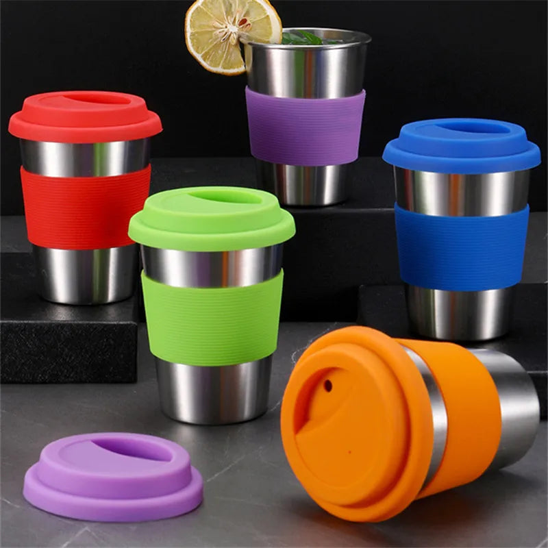 304 Stainless Steel Coffee Cup with Silicone Lids Portable Water Drinks Tea Milk Beer Mug Anti-Scald Travel Drinkware 350ML - Gabriel