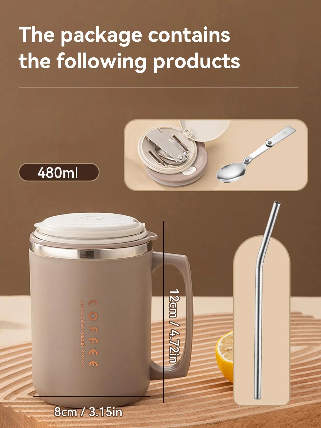 WORTHBUY 480ML Coffee Cups With Straw&Spoon 304 Stainless Steel Reusable Portable Leak-proof Coffee Milk Mug Drinking Cup