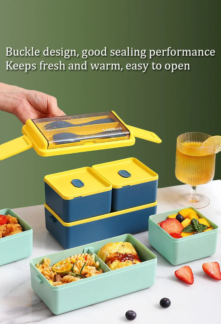 Double Layer Portable Lunch Box For Kids With Fork and Spoon Microwave Bento Boxes Dinnerware Set Food Storage Container