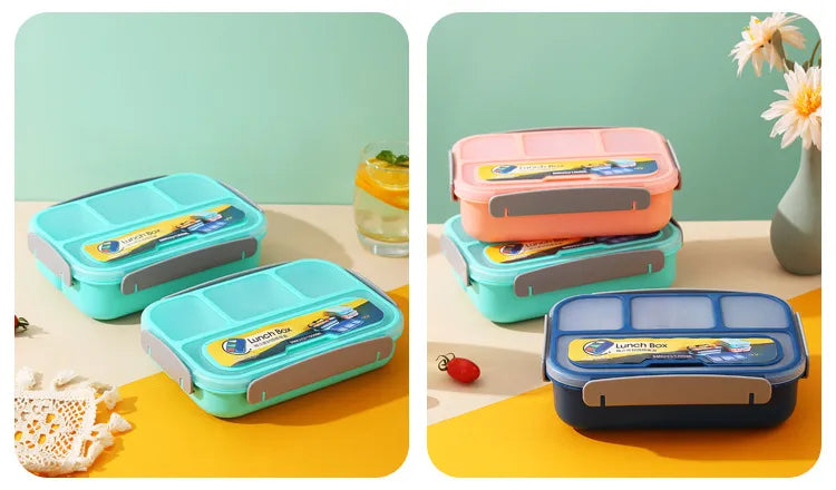 Portable Sealed Lunch Box 2 Layer Mesh Kids Leak Proof Bento Snack Box with Cutlery Microwave Safe Food Storage Container