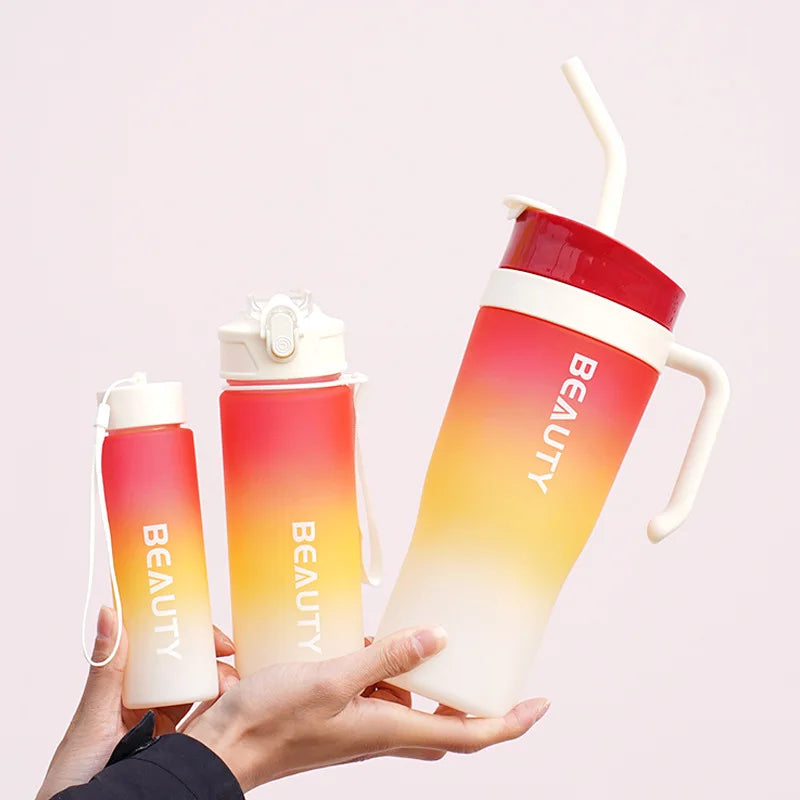 Set 3-in-1 Sports Gradient Water Bottle with Straw Large Capacity with Stylish Handle Drink Bottle water Cup Outdoor