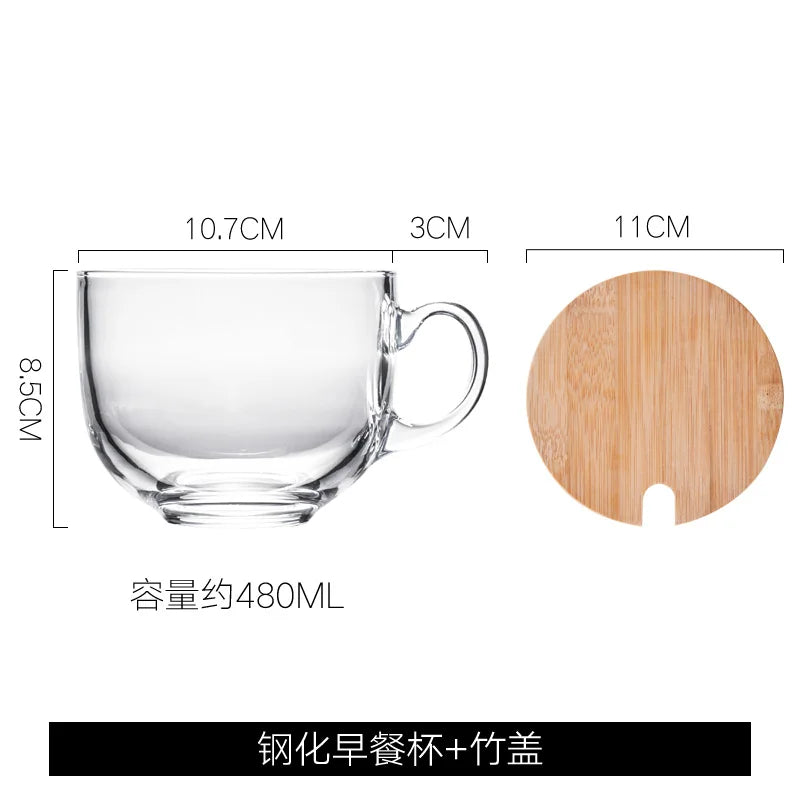 480ml Heat Resistant Thick Glass Glass Coffee Cup Milk Mug Transparent Round Kungfu Tea Cup with Bamboo Cover and Spoon - Gabriel