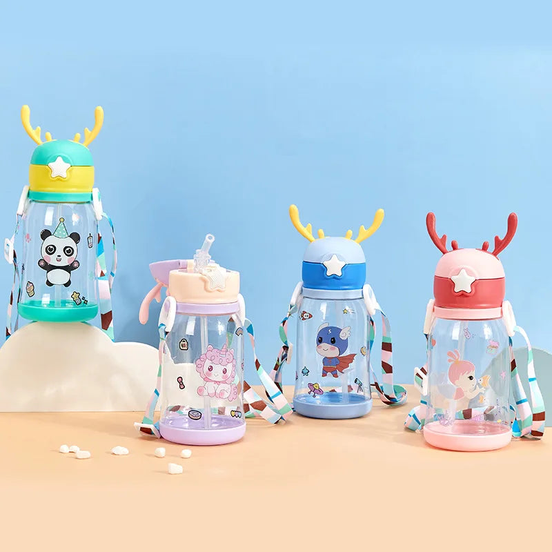 1pc 600ml Kids Water Sippy Cup Antler Creative Cartoon Baby Cups with Straws Leakproof Water Bottles Outdoor Childrens Cup - Gabriel