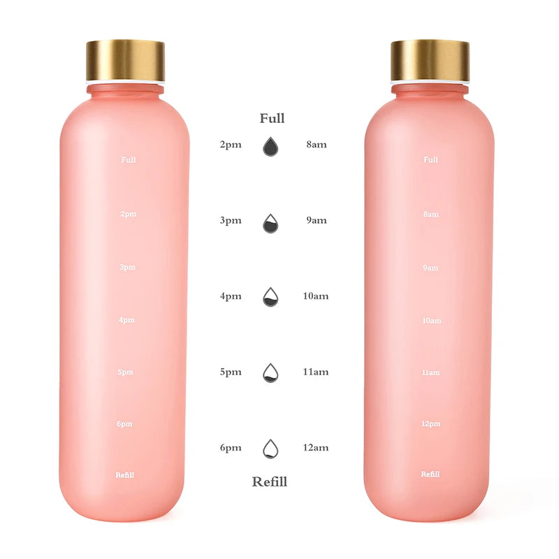 1L Bottle With Time Marker 32 OZ Motivational Reusable Fitness Sports Outdoors Travel Leakproof BPA Free Frosted Plastic