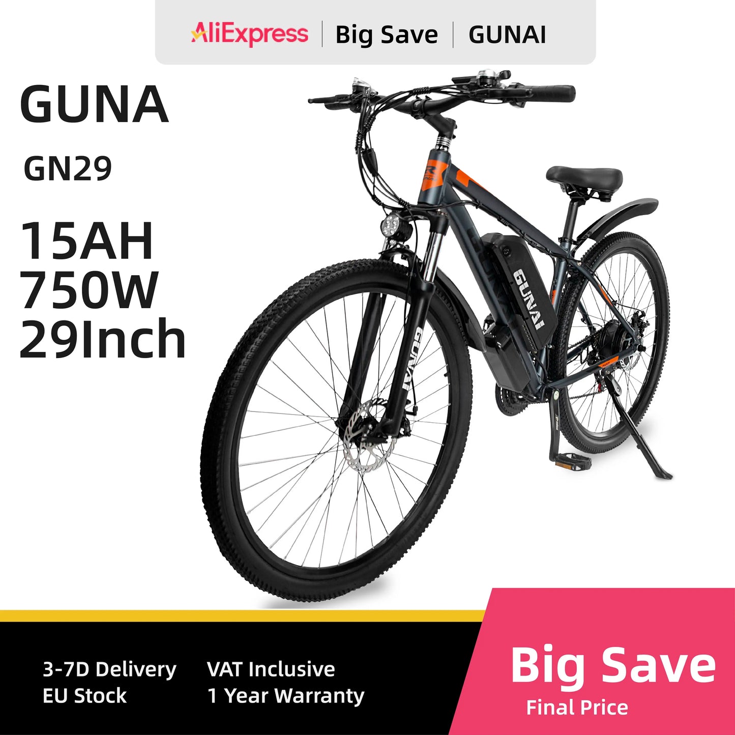 GUNAI GN29 Elektrofahrrad, 48 V, 750 W, leistungsstarker Motor, 29 x 2,1 Zoll Reifen, E-Bike für Erwachsene, 15 Ah Akku, 90 km maximale Reichweite, 50 km/h Höchstgeschwindigkeit