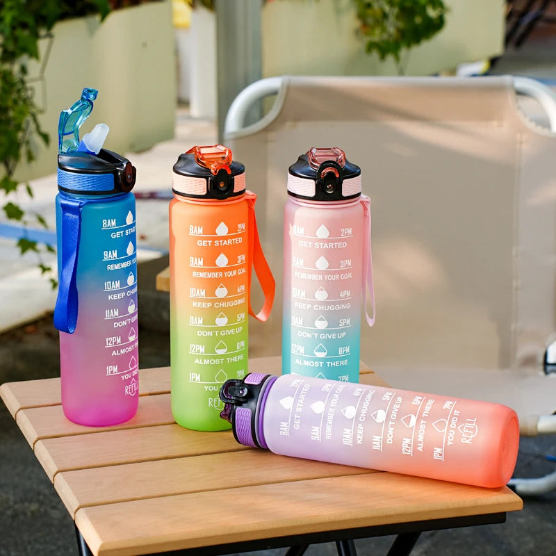 1L Water bottle 12 colors Leak Proof with Time Mark Drink and Straw Motivational Drinking Sports Water Bottle for Outdoor Hiking