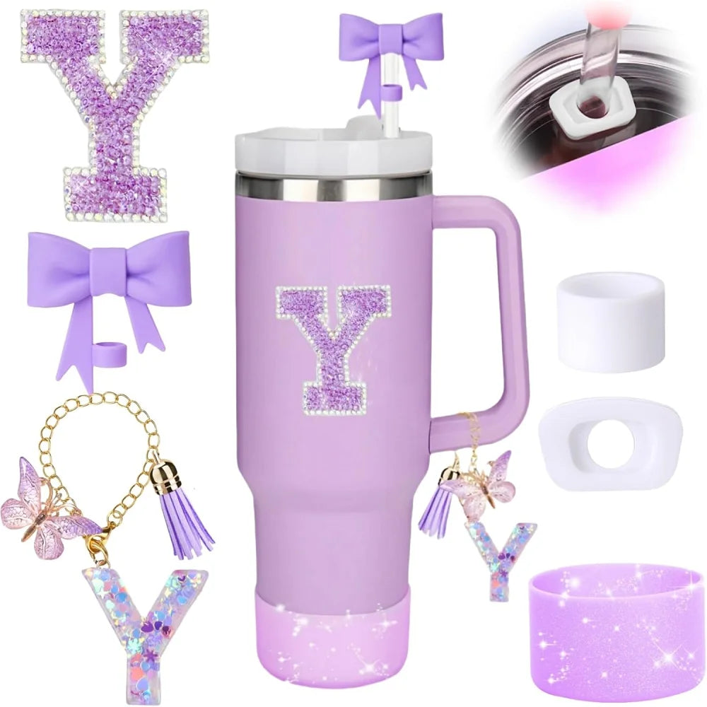 6pcs Accessories Set for Stanely 30oz 40oz Tumbler Including Glitter Initial Sticker 10mm Straw Topper Cover, Resin Letter Charm