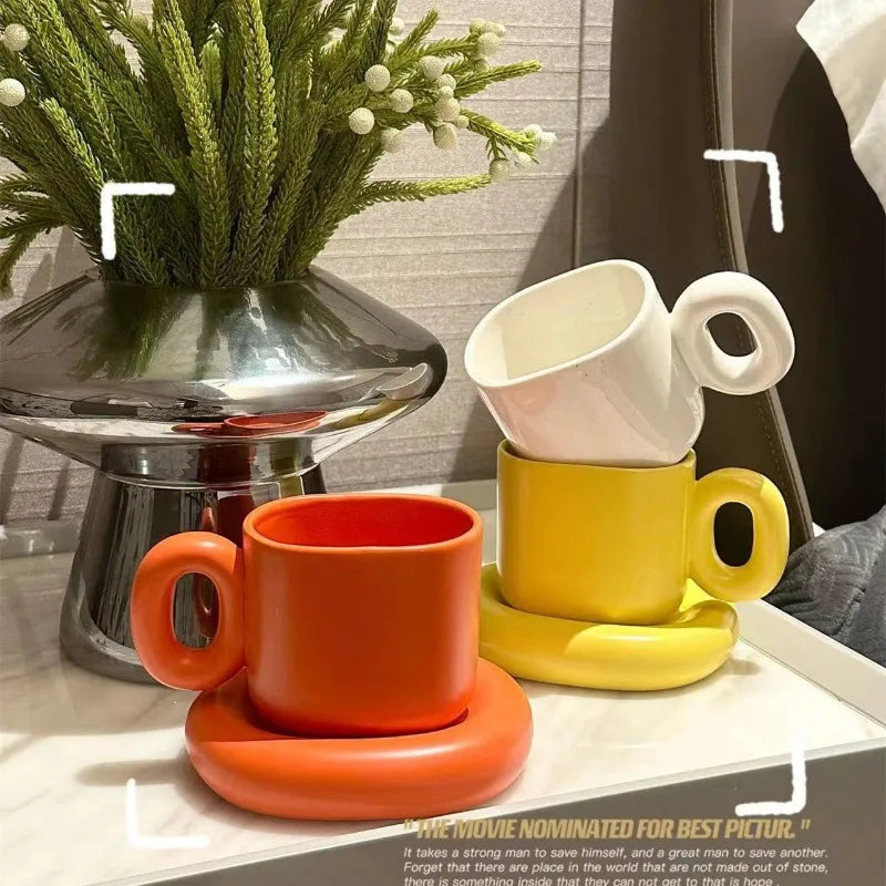 Creative Solid Color Ceramic Coffee Cup Thick Saucer Afternoon Tea Dessert Tea Cup Breakfast Bread Milk Mug Couple Gift Mug Home - Gabriel