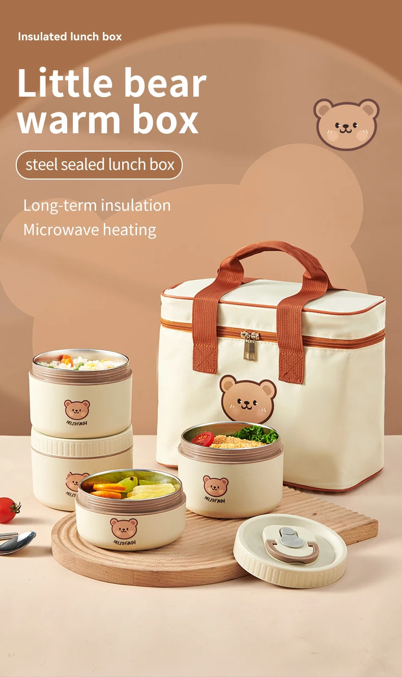 WORTHBUY Microwave Sealed 304 Stainless Steel Thermal Bento Lunch Box Large Capacity Cute Insulated Food Container For Students