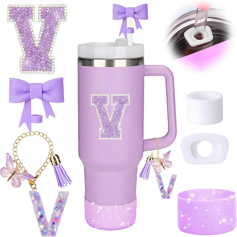 6pcs Accessories Set for Stanely 30oz 40oz Tumbler Including Glitter Initial Sticker 10mm Straw Topper Cover, Resin Letter Charm