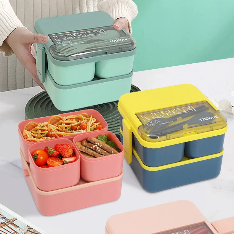 1100 ml/1800 ml Lunchbox mit 2 Fächern für Kinder mit Gabel und Löffel, mikrowellengeeignete Bento-Boxen, tragbarer Vorratsbehälter für Lebensmittel