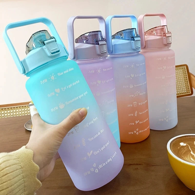 2L Outdoor Large Capacity Sport Water Bottle Creative Plastic Cup Bounce Cover Outdoor Leakproof Straw Cup with Time Marker