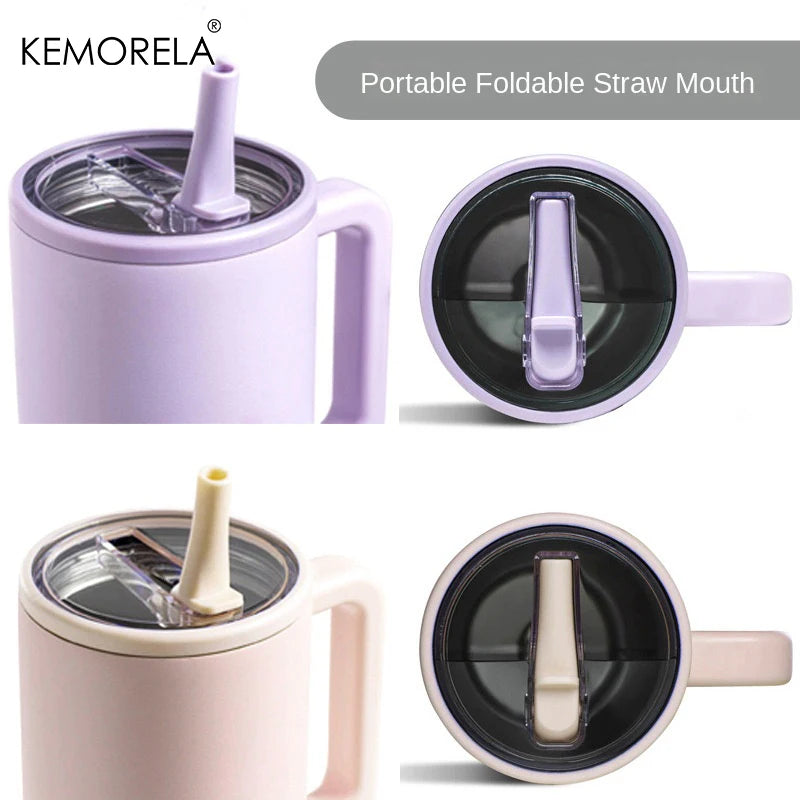 KEMORELA Thermos Cup 40oz Double-Layer Tumbler Ice Cup 1200ML Leak-Proof Foldable Straw Cover Direct Drinking Mouth Car Cup