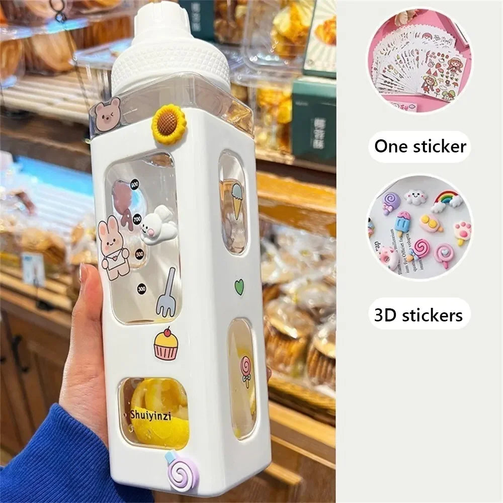 High Quality Water Bottle with Straw 3D Cute Bear Sticker Bpa Free Plastic Square Sippy Cup Portable Drinkware 700ml