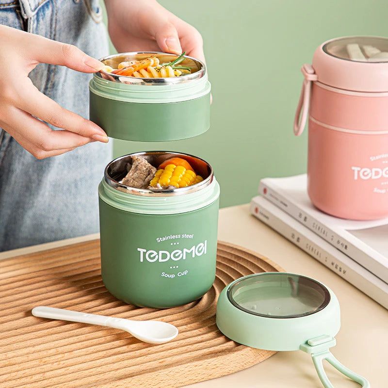 Stainless Steel Insulated Lunch Box Barrel Double-Layer Japanese Soup Cup  Sealed Breakfast Cup With Cover Spoon Bento Box