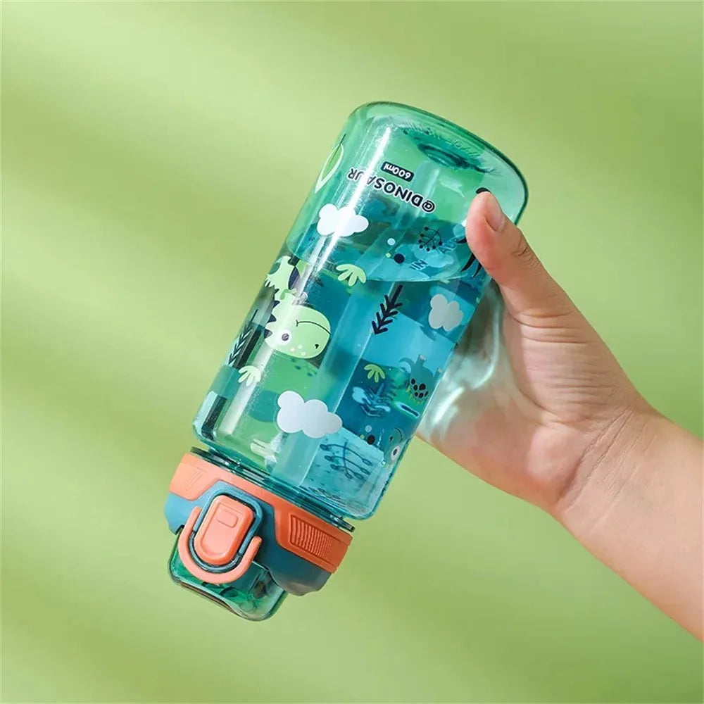 600ml Kids Cartoon Animal Water Bottle Portable Safety Lock Cute Straw Cup Leak-proof Drinking Jug For Outdoor Camping Travel