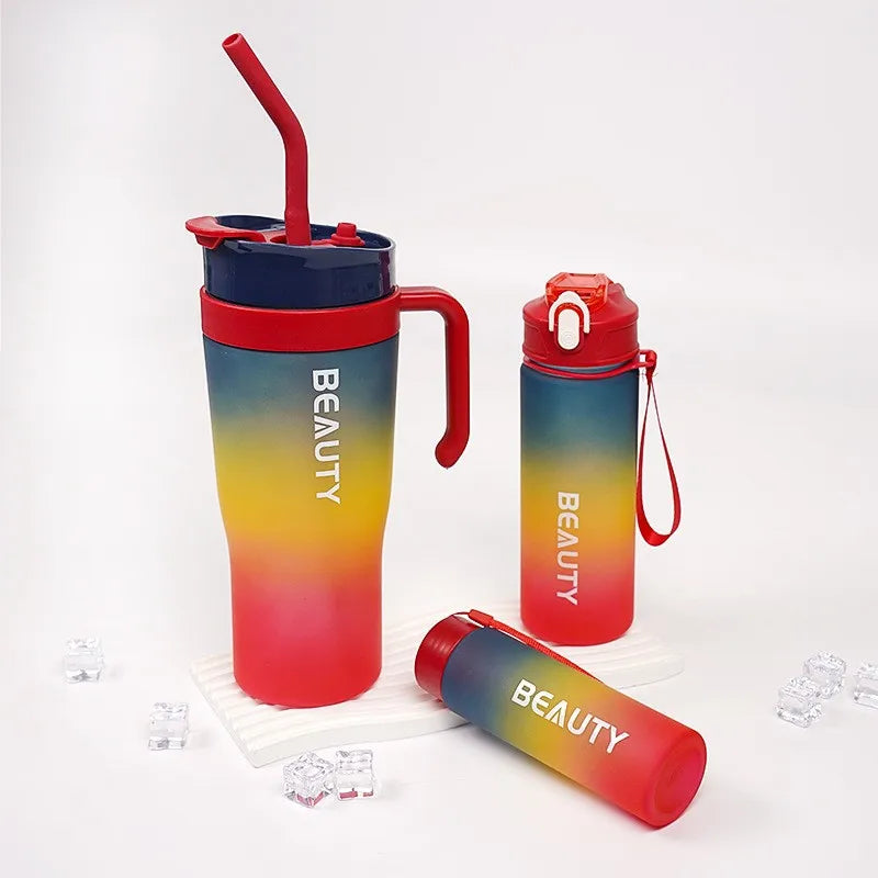 Set 3-in-1 Sports Gradient Water Bottle with Straw Large Capacity with Stylish Handle Drink Bottle water Cup Outdoor