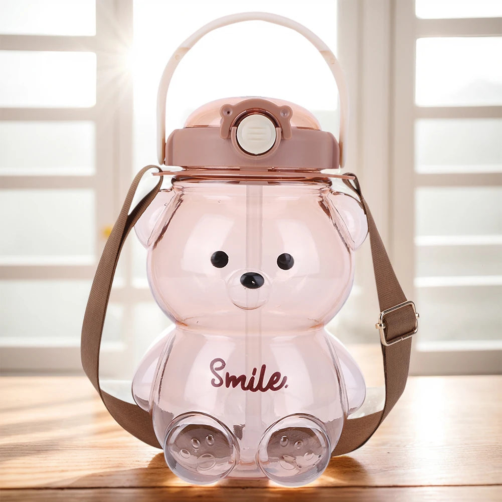 1000/1400ml Bear Water Bottle with Shoulder Strap Straw Sports Water Jug Leak-Proof Travel Straw Cup for Boys Girls Daily Use