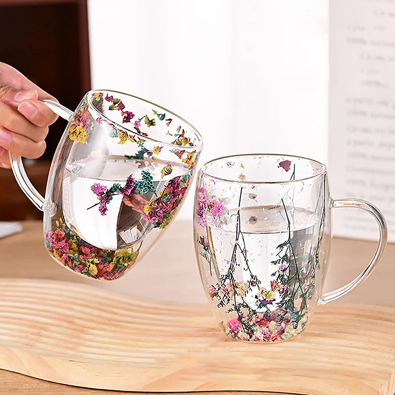 350ml Fillings Dry Flowers Double Wall Glass Cup With Handle Heat Resistant Tea Coffee Cups Espresso Milk Mug Creative Gift - Gabriel