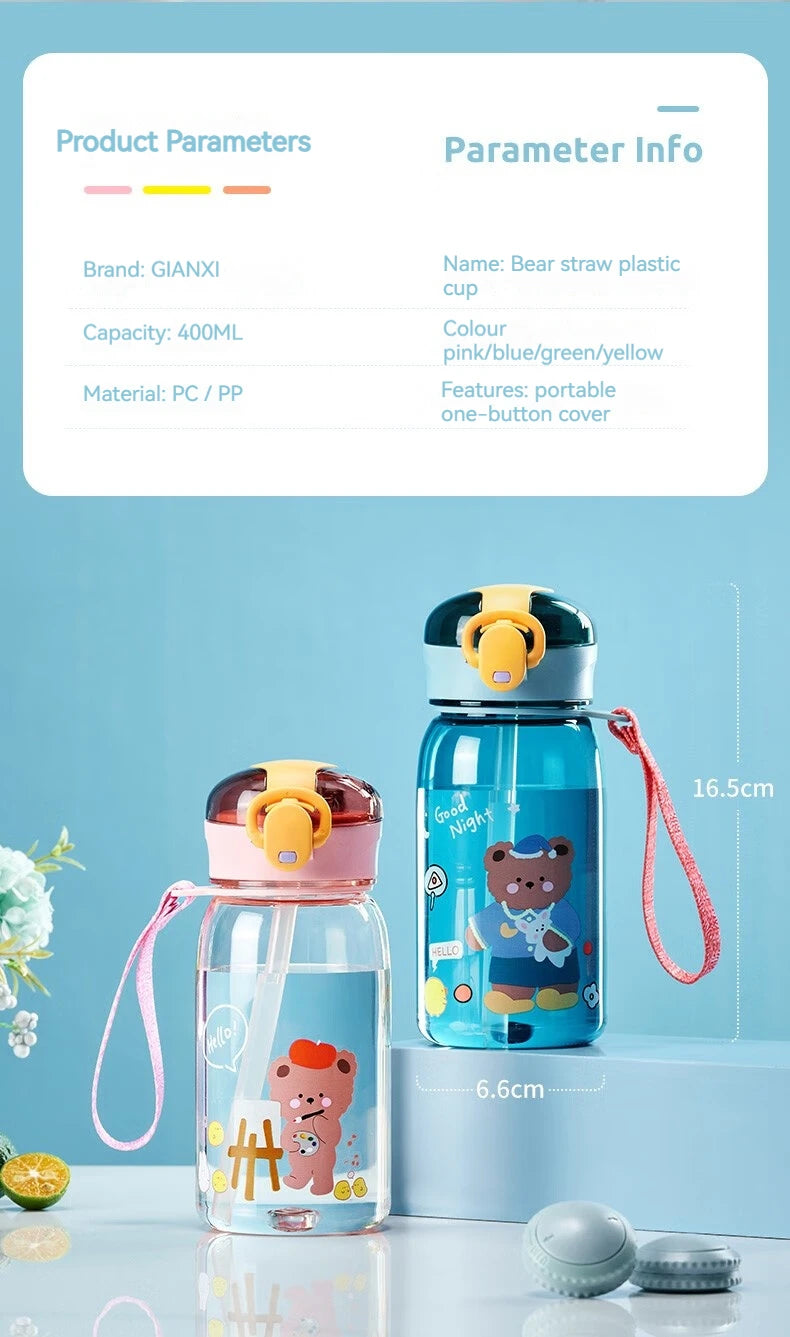 GIANXI 400ML Sippy Cup For Kids Cartoon One Button Open Cover Food Grade Water Cups Outdoor Portable Rope Design Plastic Cup