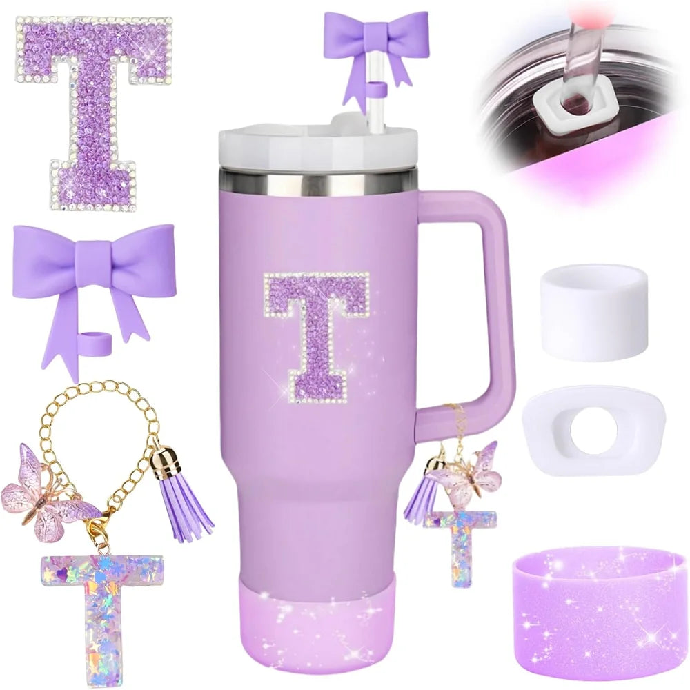 6pcs Accessories Set for Stanely 30oz 40oz Tumbler Including Glitter Initial Sticker 10mm Straw Topper Cover, Resin Letter Charm