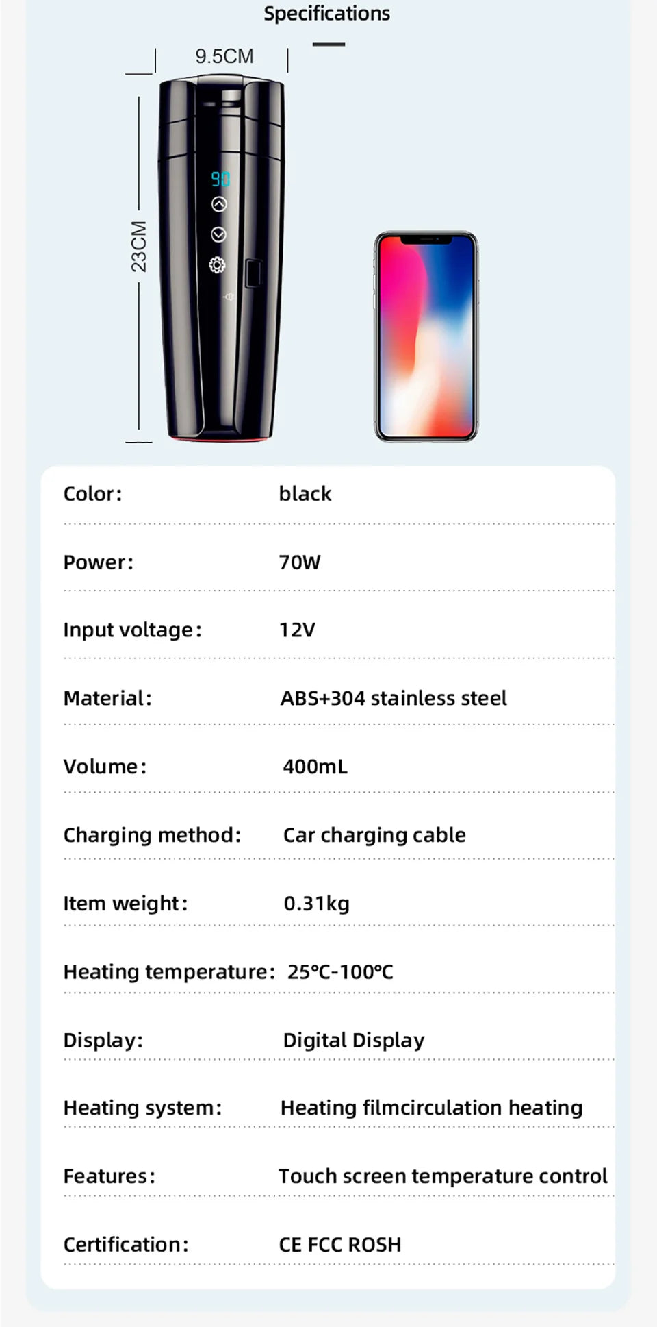 E-ACE 12 V tragbarer Auto-Heizbecher, 400 ml, Edelstahl, Touchscreen, Digitalanzeige, Wasserwärmer, Flasche, Thermoskanne, Auto-Wasserkocher