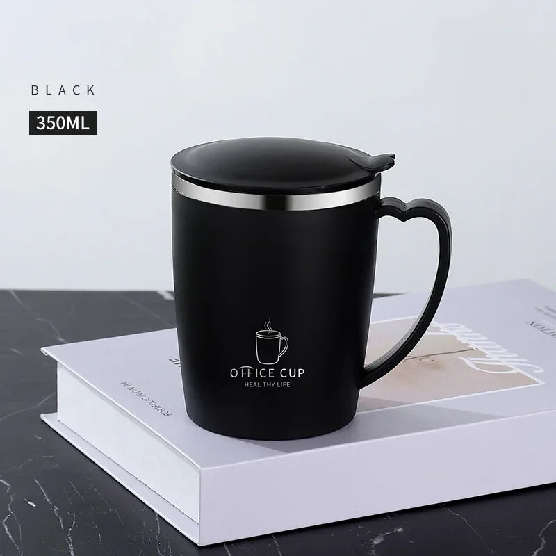 350ml Thermal Coffee Cup Double Wall Stainless Steel Heat Insulated Coffee Milk Mug with Handle and Lid Travel Drinking Tumbler