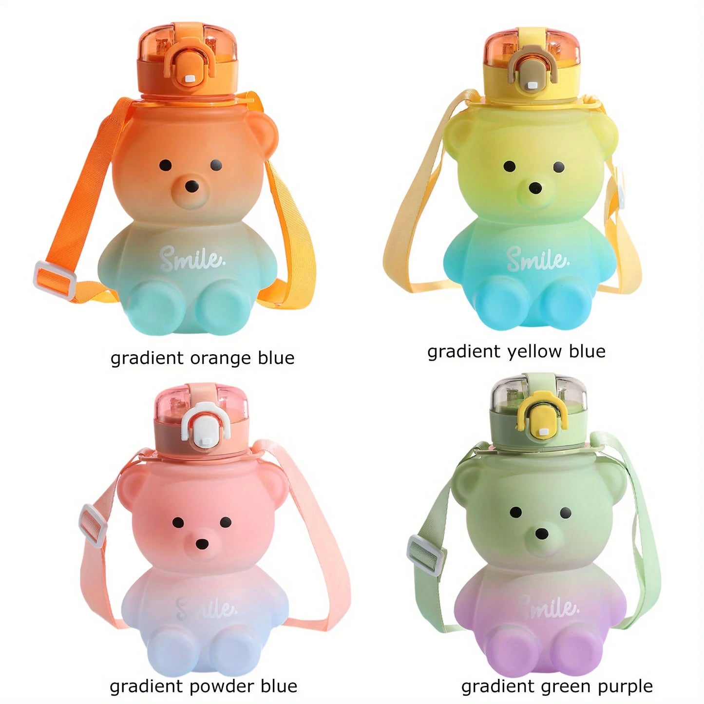 1pc Cute Bear Water Bottle BPA-Free Portable Kettle with Straw & Shoulder Strap Heat-Resistant Large-Capacity